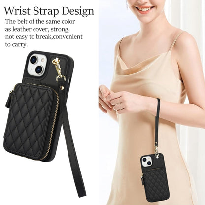 For iPhone 15 AwQuer Crossbody Zipper Wallet Rhombic Leather Back Phone Case(Black)