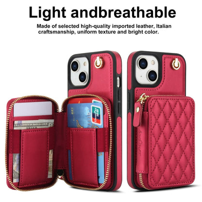 For iPhone 15 AwQuer Crossbody Zipper Wallet Rhombic Leather Back Phone Case(Red)
