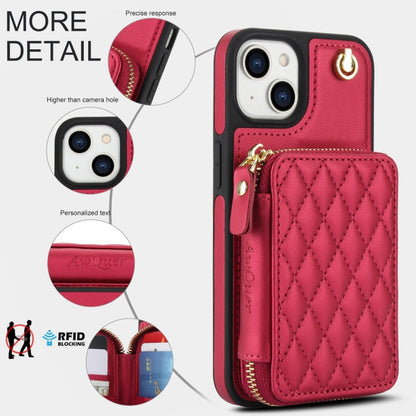 For iPhone 15 AwQuer Crossbody Zipper Wallet Rhombic Leather Back Phone Case(Red)