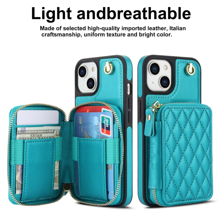 For iPhone 15 AwQuer Crossbody Zipper Wallet Rhombic Leather Back Phone Case(Green)
