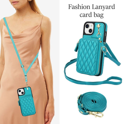 For iPhone 15 AwQuer Crossbody Zipper Wallet Rhombic Leather Back Phone Case(Green)