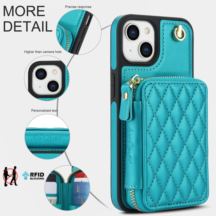 For iPhone 15 AwQuer Crossbody Zipper Wallet Rhombic Leather Back Phone Case(Green)