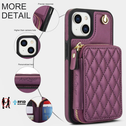 For iPhone 15 AwQuer Crossbody Zipper Wallet Rhombic Leather Back Phone Case(Dark Purple)