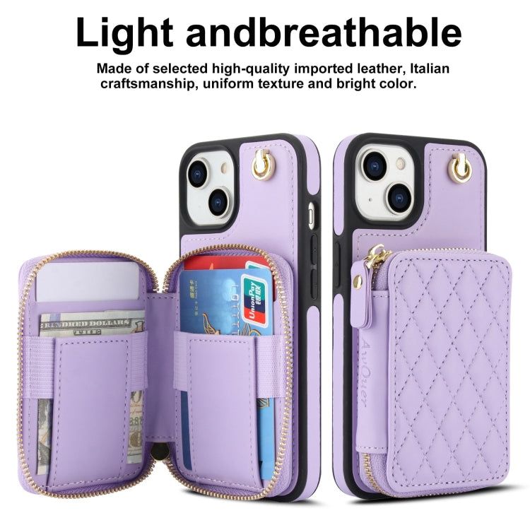 For iPhone 15 AwQuer Crossbody Zipper Wallet Rhombic Leather Back Phone Case(Purple)