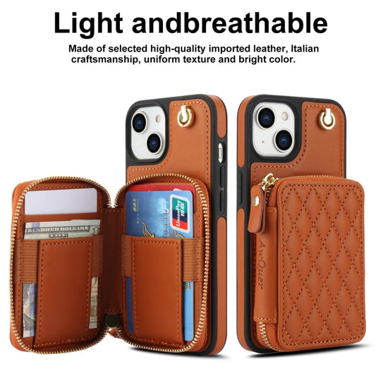 For iPhone 15 AwQuer Crossbody Zipper Wallet Rhombic Leather Back Phone Case(Brown)