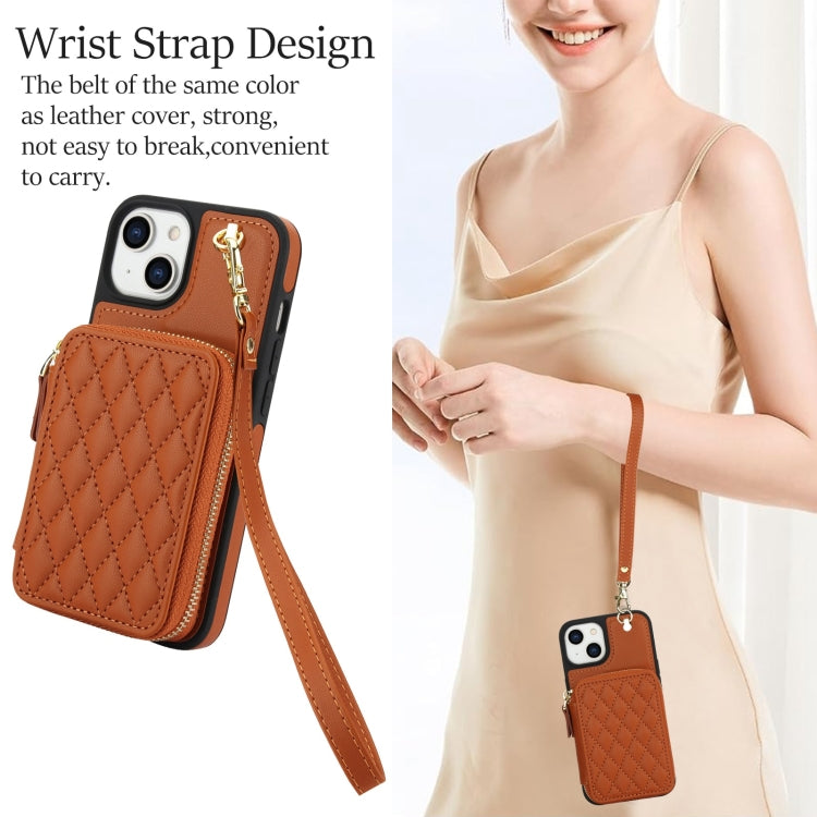 For iPhone 15 AwQuer Crossbody Zipper Wallet Rhombic Leather Back Phone Case(Brown)