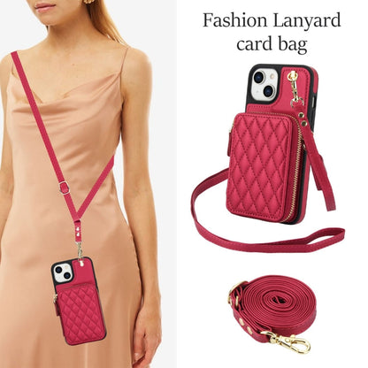 For iPhone 14 Plus AwQuer Crossbody Zipper Wallet Rhombic Leather Back Phone Case(Red)