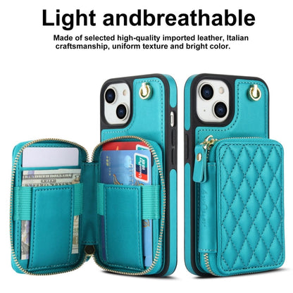 For iPhone 14 Plus AwQuer Crossbody Zipper Wallet Rhombic Leather Back Phone Case(Green)