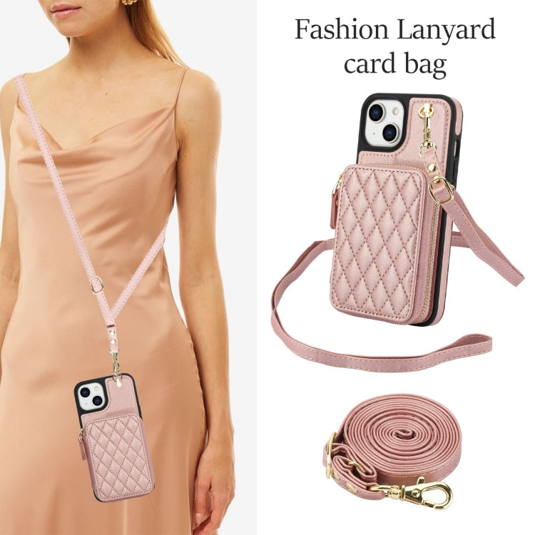 For iPhone 14 Plus AwQuer Crossbody Zipper Wallet Rhombic Leather Back Phone Case(Rose Gold)