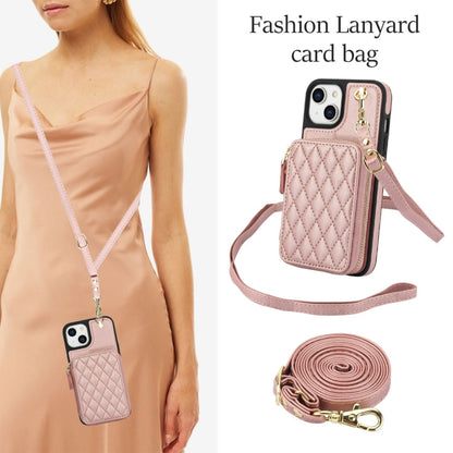 For iPhone 14 Plus AwQuer Crossbody Zipper Wallet Rhombic Leather Back Phone Case(Rose Gold)