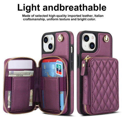 For iPhone 14 Plus AwQuer Crossbody Zipper Wallet Rhombic Leather Back Phone Case(Dark Purple)