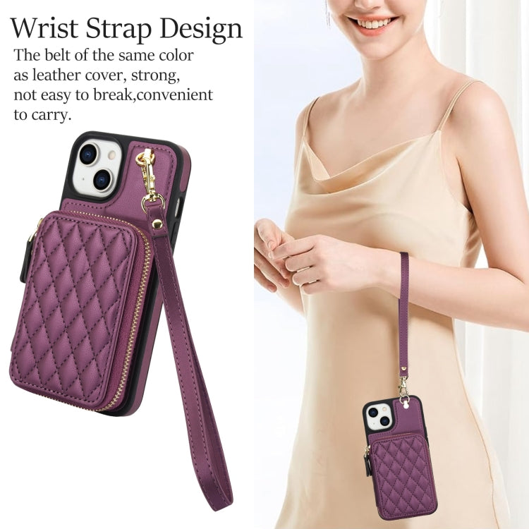 For iPhone 14 Plus AwQuer Crossbody Zipper Wallet Rhombic Leather Back Phone Case(Dark Purple)
