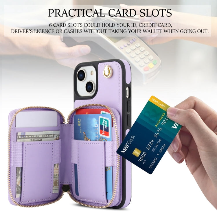 For iPhone 14 Plus AwQuer Crossbody Zipper Wallet Rhombic Leather Back Phone Case(Purple)