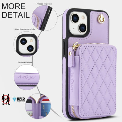 For iPhone 14 Plus AwQuer Crossbody Zipper Wallet Rhombic Leather Back Phone Case(Purple)