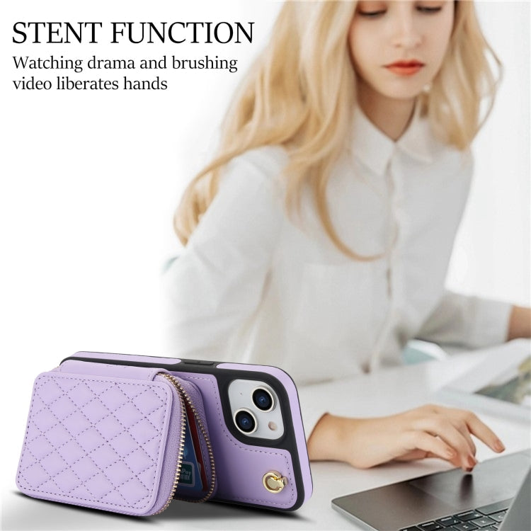 For iPhone 14 Plus AwQuer Crossbody Zipper Wallet Rhombic Leather Back Phone Case(Purple)