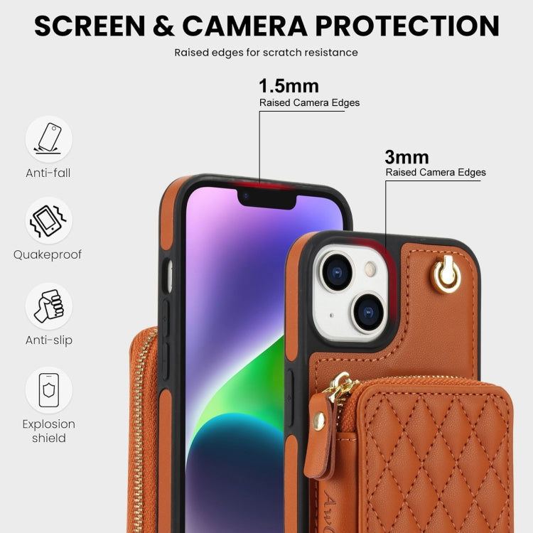 For iPhone 14 Plus AwQuer Crossbody Zipper Wallet Rhombic Leather Back Phone Case(Brown)