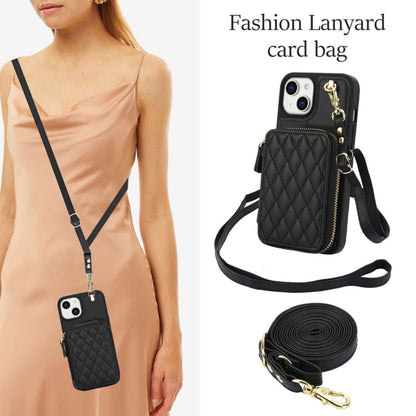 For iPhone 14 / 13 AwQuer Crossbody Zipper Wallet Rhombic Leather Back Phone Case(Black)