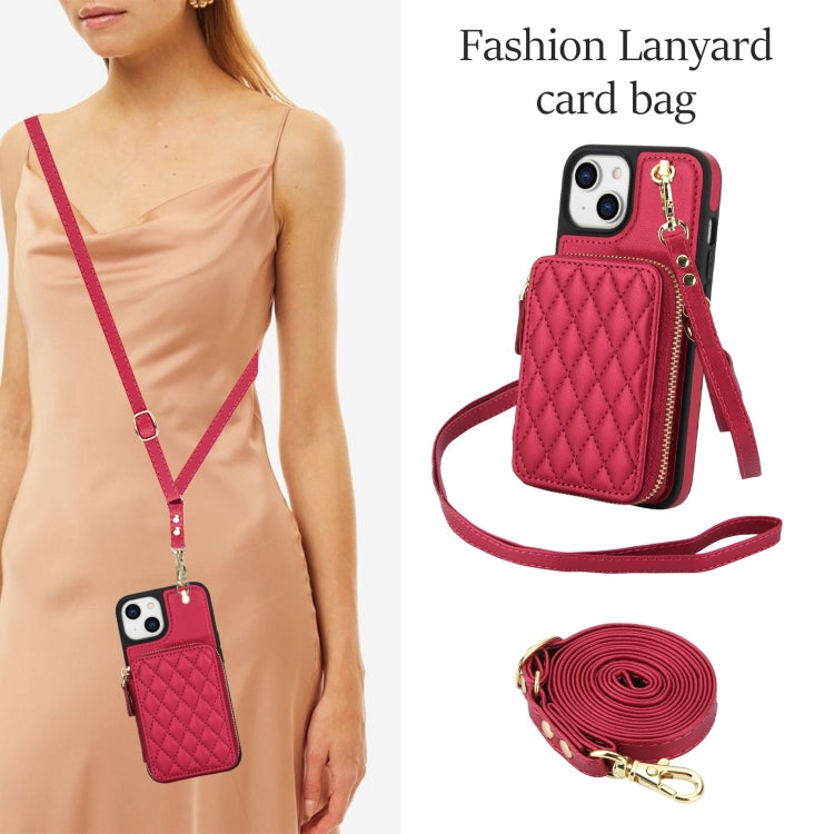 For iPhone 14 / 13 AwQuer Crossbody Zipper Wallet Rhombic Leather Back Phone Case(Red)