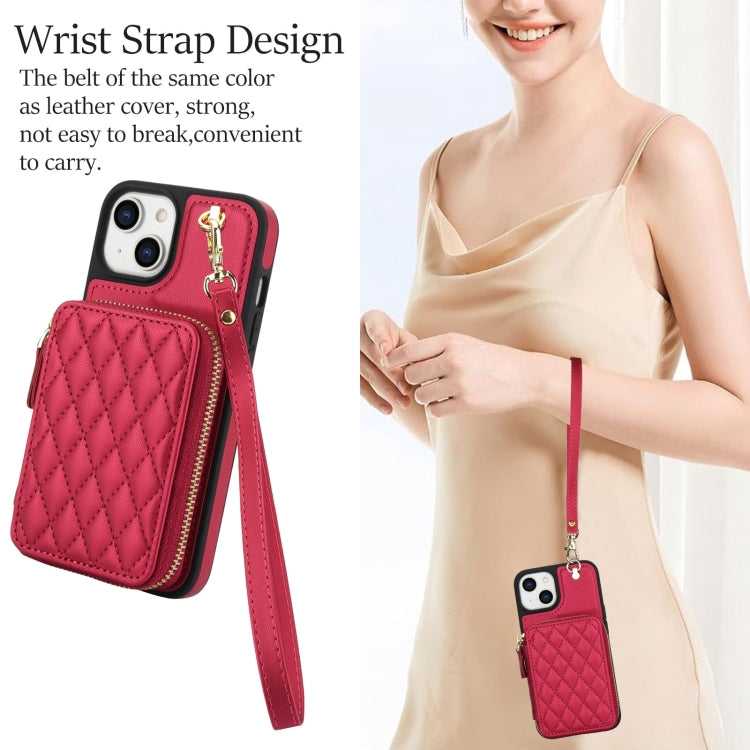 For iPhone 14 / 13 AwQuer Crossbody Zipper Wallet Rhombic Leather Back Phone Case(Red)