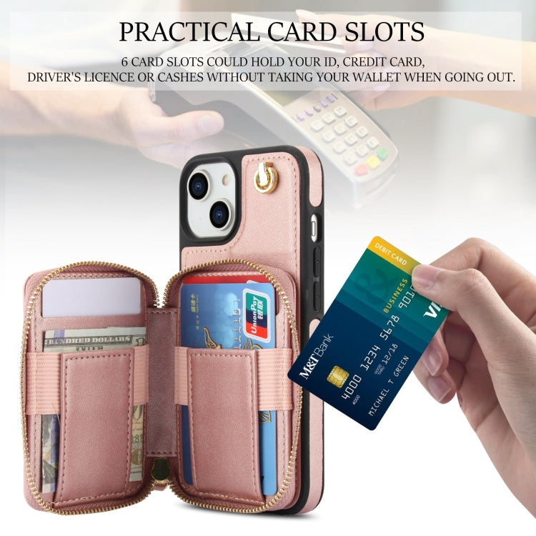 For iPhone 14 / 13 AwQuer Crossbody Zipper Wallet Rhombic Leather Back Phone Case(Rose Gold)