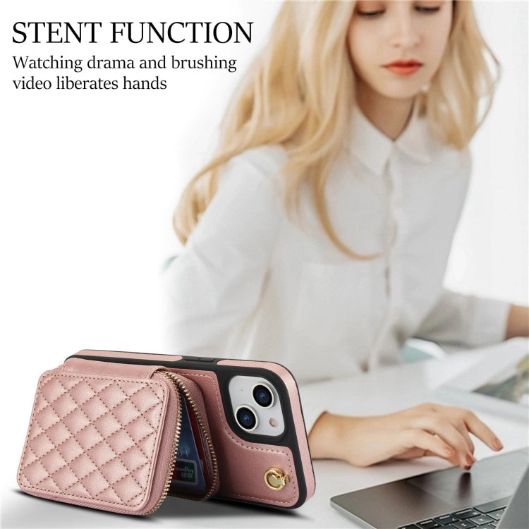 For iPhone 14 / 13 AwQuer Crossbody Zipper Wallet Rhombic Leather Back Phone Case(Rose Gold)