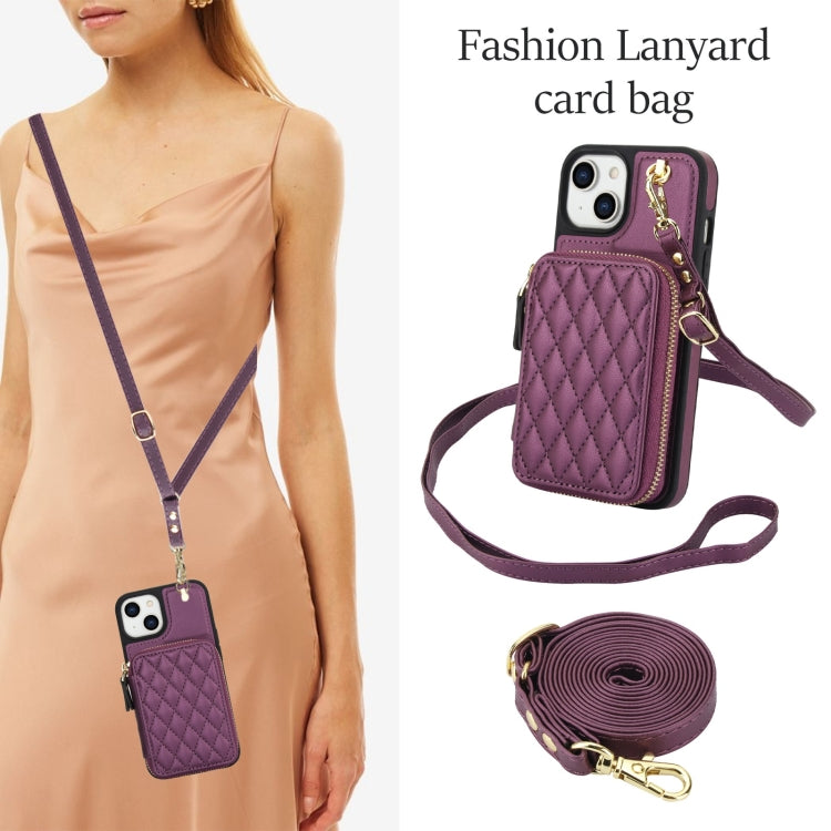 For iPhone 14 / 13 AwQuer Crossbody Zipper Wallet Rhombic Leather Back Phone Case(Dark Purple)
