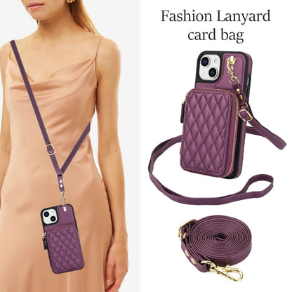 For iPhone 14 / 13 AwQuer Crossbody Zipper Wallet Rhombic Leather Back Phone Case(Dark Purple)