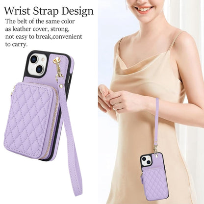 For iPhone 14 / 13 AwQuer Crossbody Zipper Wallet Rhombic Leather Back Phone Case(Purple)
