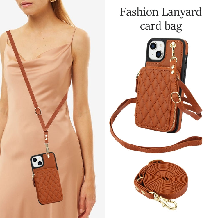 For iPhone 14 / 13 AwQuer Crossbody Zipper Wallet Rhombic Leather Back Phone Case(Brown)
