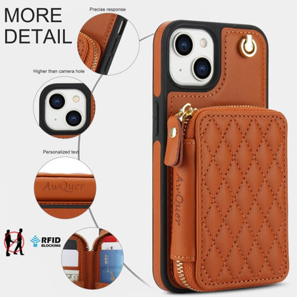 For iPhone 14 / 13 AwQuer Crossbody Zipper Wallet Rhombic Leather Back Phone Case(Brown)