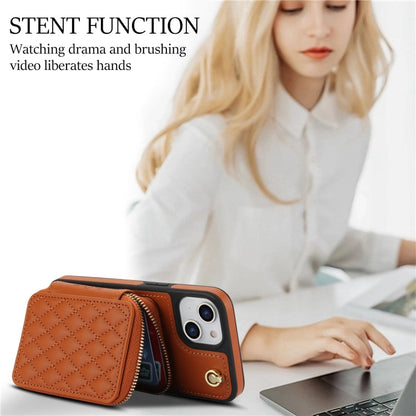 For iPhone 14 / 13 AwQuer Crossbody Zipper Wallet Rhombic Leather Back Phone Case(Brown)