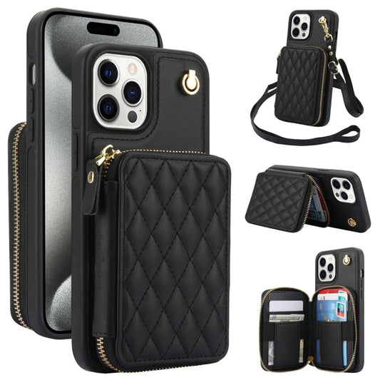 For iPhone 14 Pro AwQuer Crossbody Zipper Wallet Rhombic Leather Back Phone Case(Black)