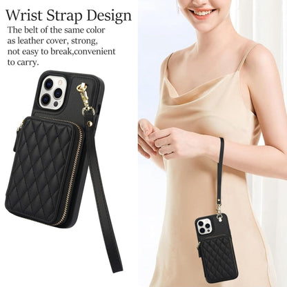 For iPhone 14 Pro AwQuer Crossbody Zipper Wallet Rhombic Leather Back Phone Case(Black)