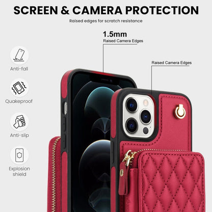 For iPhone 14 Pro AwQuer Crossbody Zipper Wallet Rhombic Leather Back Phone Case(Red)