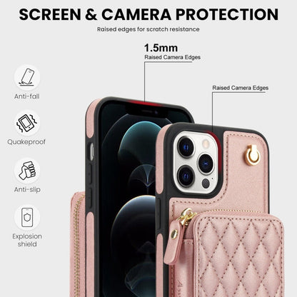 For iPhone 14 Pro AwQuer Crossbody Zipper Wallet Rhombic Leather Back Phone Case(Rose Gold)
