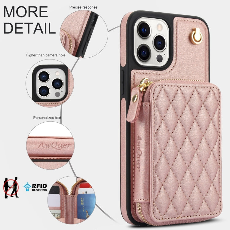 For iPhone 14 Pro AwQuer Crossbody Zipper Wallet Rhombic Leather Back Phone Case(Rose Gold)