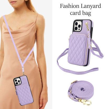 For iPhone 14 Pro AwQuer Crossbody Zipper Wallet Rhombic Leather Back Phone Case(Purple)