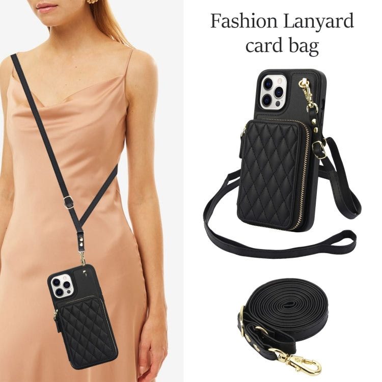 For iPhone 14 Pro Max AwQuer Crossbody Zipper Wallet Rhombic Leather Back Phone Case(Black)