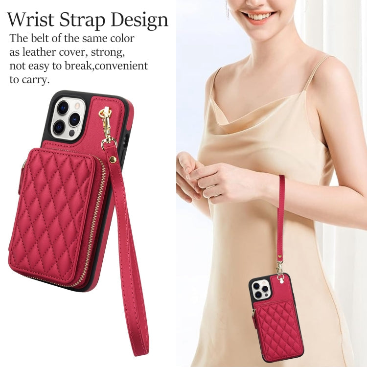 For iPhone 14 Pro Max AwQuer Crossbody Zipper Wallet Rhombic Leather Back Phone Case(Red)