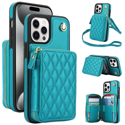 For iPhone 14 Pro Max AwQuer Crossbody Zipper Wallet Rhombic Leather Back Phone Case(Green)