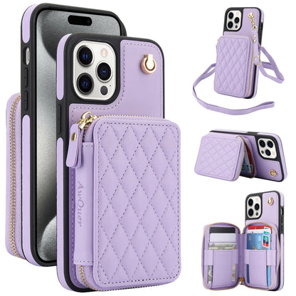 For iPhone 14 Pro Max AwQuer Crossbody Zipper Wallet Rhombic Leather Back Phone Case(Purple)