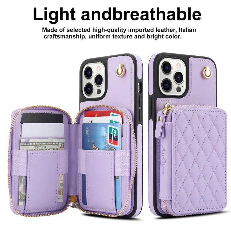 For iPhone 14 Pro Max AwQuer Crossbody Zipper Wallet Rhombic Leather Back Phone Case(Purple)