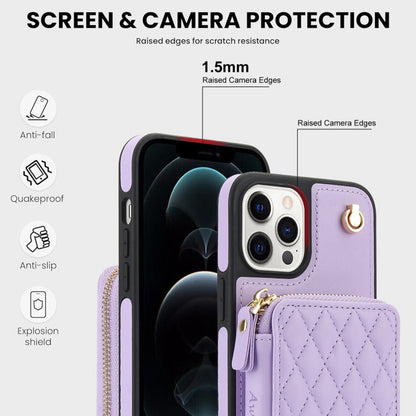 For iPhone 14 Pro Max AwQuer Crossbody Zipper Wallet Rhombic Leather Back Phone Case(Purple)