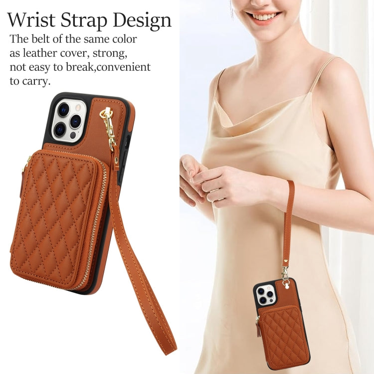 For iPhone 14 Pro Max AwQuer Crossbody Zipper Wallet Rhombic Leather Back Phone Case(Brown)