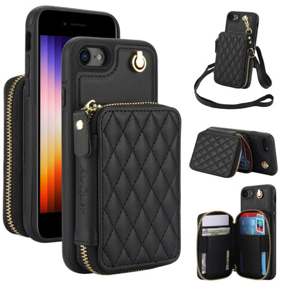 For iPhone 7 / 8 / SE 2022 AwQuer Crossbody Zipper Wallet Rhombic Leather Back Phone Case(Black)