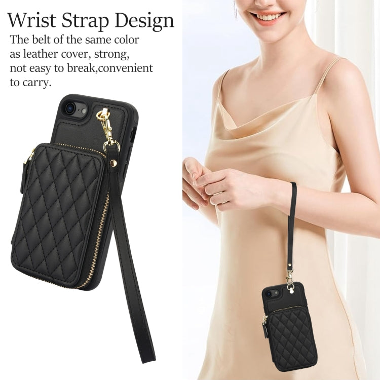For iPhone 7 / 8 / SE 2022 AwQuer Crossbody Zipper Wallet Rhombic Leather Back Phone Case(Black)
