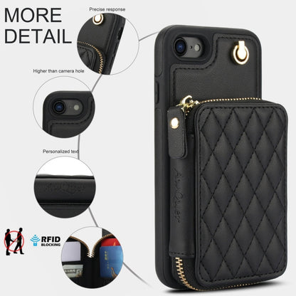 For iPhone 7 / 8 / SE 2022 AwQuer Crossbody Zipper Wallet Rhombic Leather Back Phone Case(Black)