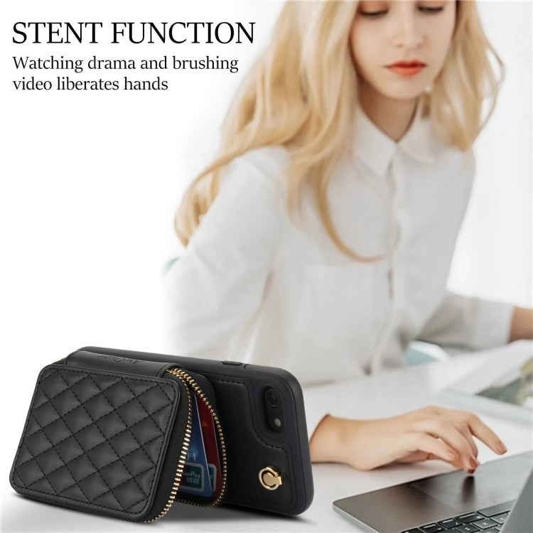 For iPhone 7 / 8 / SE 2022 AwQuer Crossbody Zipper Wallet Rhombic Leather Back Phone Case(Black)