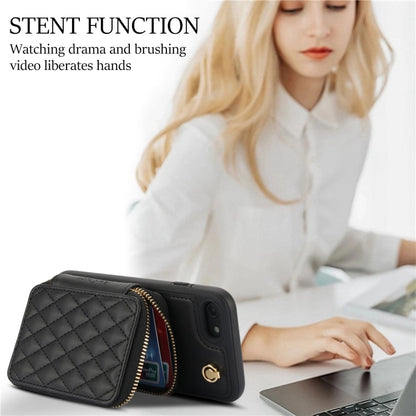 For iPhone 7 / 8 / SE 2022 AwQuer Crossbody Zipper Wallet Rhombic Leather Back Phone Case(Black)