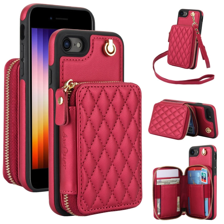 For iPhone 7 / 8 / SE 2022 AwQuer Crossbody Zipper Wallet Rhombic Leather Back Phone Case(Red)